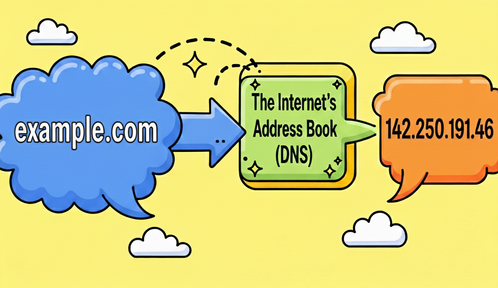 Process flow diagram showing a DNS query resolving a domain name into an IP address